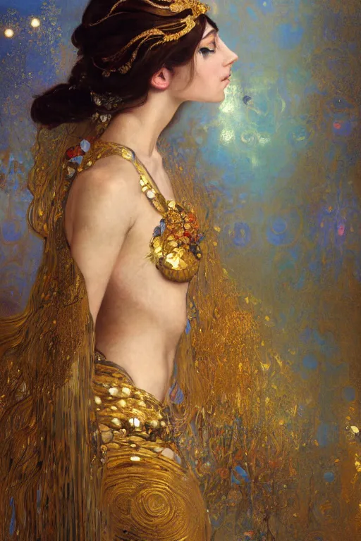 Image similar to an intricate artistic pose painting of a beautiful young muse with an artistic sensual pose with klimt golden motives and textures, hyper detailed, ornamental gold headpiece, octane render, vivid colors, artstation, by jeremy mann, by alphonse mucha, by boris vallejo