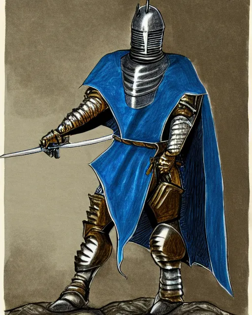 Image similar to a armored knight drawing his sword, depression atmosphere, clam face, in blue cape, daniel oxford