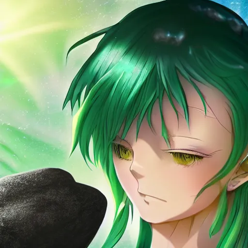 Image similar to anime girl with green hair meditating on a rock, beautiful face, pretty face, serene, sunshine rays, 8 k resolution, digital art