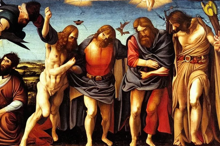 Prompt: jesus fighting batman renaissance oil painting by da vinci