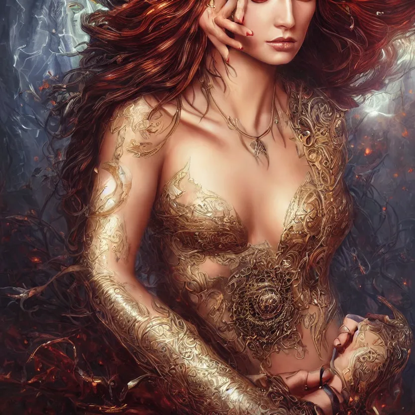 Image similar to a higly detailed full body shot portrait painting of a stunning and sensual female fantasy sorceress with piercing beautiful eyes, dynamic lighting, ambient lighting, deviantart, art by artgerm and karol bak and mark brooks