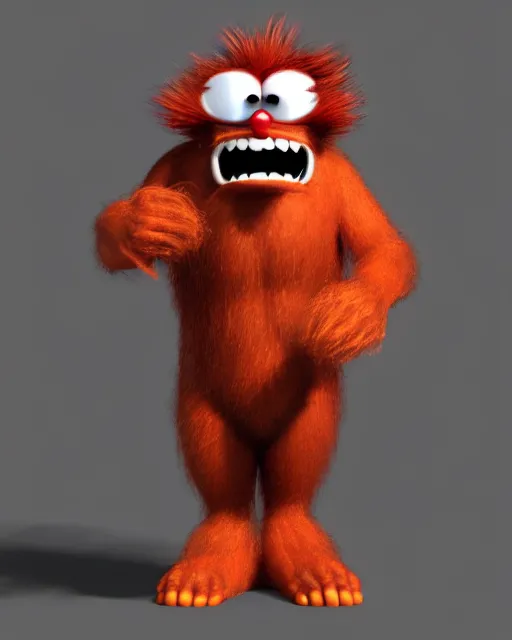 Image similar to 3 d render of completely red hairy friendly antropomorphic creature wearing chrome shades, no nose, shy grin with square teeth, full body, standing on 2 feet, in the style of pixar, white background, unreal engine 5, octane render, highly detailed hdr