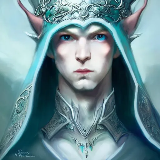 Prompt: a stunningly beautiful portrait of a handsome male snow elf in a turquoise cape and silver ornate armour as an archer, albino skin, pale pointed ears, ethereal opalescent mist, moonlight snow, perfect face, elegant, very coherent symmetrical artwork, atmospheric lighting, rule of thirds, by wenjun lin, krenz cushart, charlie bowater, trending on artstation