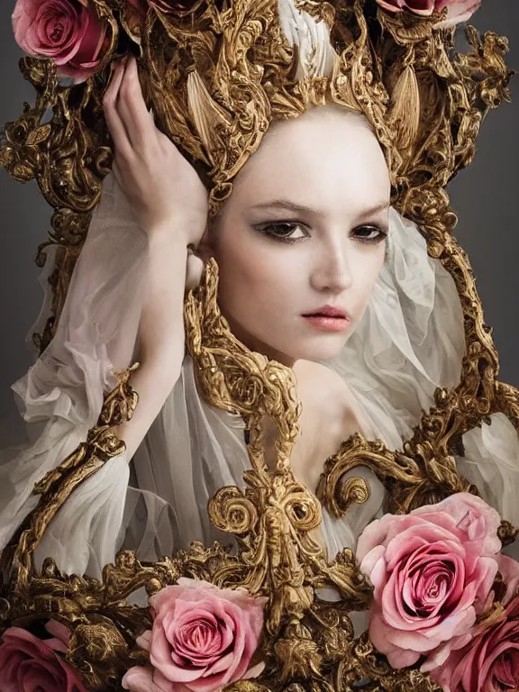 Prompt: a 65mm fashion headshot portrait of a catholic veiled Princess who has rococo dramatic headdress with roses,with symmetry intricate detailed,by Virginie Ropars and Nekro and peter gric and aaron horkey and Billelis, ,William Holman,GUCCI,DIOR,trending on pinterest,hyperreal,jewelry,gold,maximalist