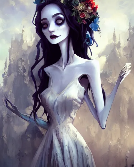 Prompt: elegant mysterious gracious undead victoria everglot from the corpse bride, portrait, illustration, the land of the death, skeletal hand, rim light, top light, summer clear blue sky, perfectly shaded, soft painting, art by krenz cushart and wenjun lin