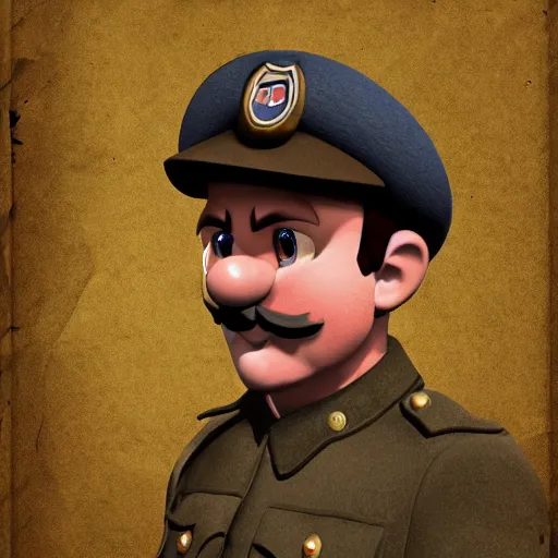 Image similar to Mario as a world war I soldier, photorealistic, portrait, film grain