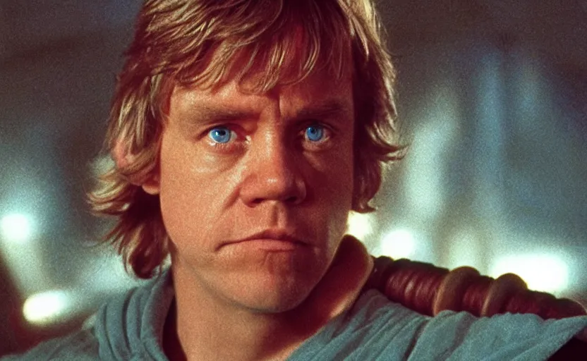 Image similar to screenshot portrait of Luke Skywalker, played by mark Hammill, in a teal, round Temple scene from 1980s film by Stanley Kubrick, 4k serene, iconic shot, surreal sci fi set design, photoreal detailed face, moody lighting stunning cinematography, hyper detailed, sharp, anamorphic lenses, kodak color film