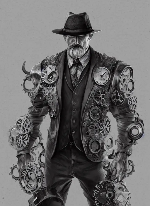 Prompt: a highly detailed illustration of fancy blonde twirly clean moustache old man wearing hat with gears and suit, dramatic standing power pose, muscular, intricate, elegant, highly detailed, centered, digital painting, artstation, concept art, smooth, sharp focus, league of legends concept art, wlop.