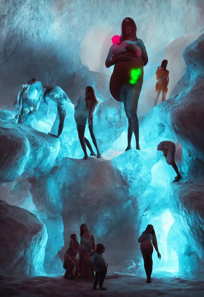 Prompt: epic pregnant woman talking to all her tribe with fluorescence bodies, proud people gather around the pregnant woman, ice cave, facinating, fantasy digital art, octane render, beautiful coherent composition, trending on artstation, matte painting, masterpiece