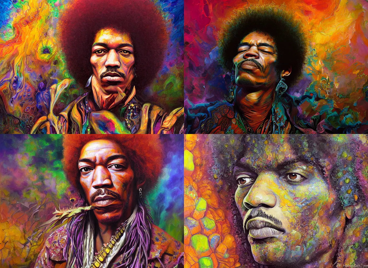 Prompt: jimi hendrix portrait, peyote cactus desert, oil painting of gloomy abstract surrealist forms by yvonne mcgillivray by mandy jurgens by michael divine, powerful eyes glowing highly detailed painting of gloomy, spiritual abstract forms, symmetrical, artstation, abstract emotional rage expression, fantasy digital art, patterned visionary art, by michael divine, cosmic nebula