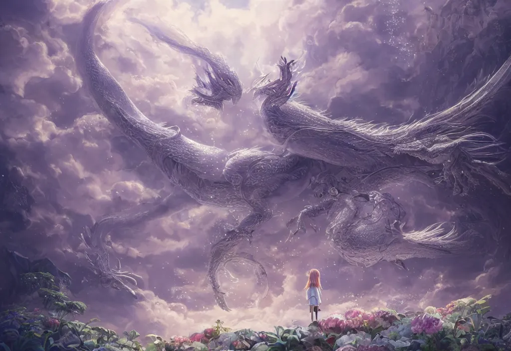 Image similar to the beautiful hyper detailed scene render that a lonely single beautiful girl lies in the arms of a huge silver dragon alone in the fairyland surrounded by white clouds, in the style of makoto shinkai victo ngai and peter mohrbacher studio ghibli artgerm karol bak beeple, cinematic, beautiful dream, ultra wide angle, animation style, 8 k hd