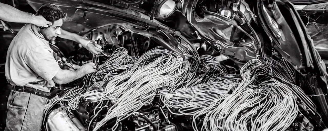 Prompt: a mechanic working on a car, with an engine made of spaghetti, facial expression, canon 5 0 mm, cinematic lighting, photography, retro, film, kodachrome, closeup