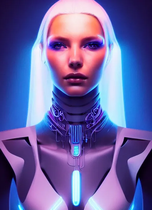 Image similar to portrait of scandinavian female humanoid, very futuristic, elegant, cyber neon lights, highly detailed, digital illustration, trending in artstation, trending in pinterest, glamor pose, concept art, smooth, sharp focus, art by artgerm and greg rutkowski