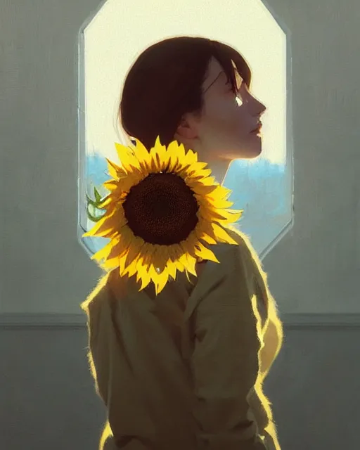 Prompt: cottagecore hyper - realistic portrait of a woman, sunflowers, by atey ghailan, by greg rutkowski, by greg tocchini, by james gilleard, by joe fenton, by kaethe butcher, dynamic lighting, gradient light yellow, brown, blonde cream and white color scheme, grunge aesthetic