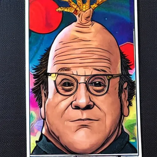 Image similar to Danny DeVito conehead tarot card