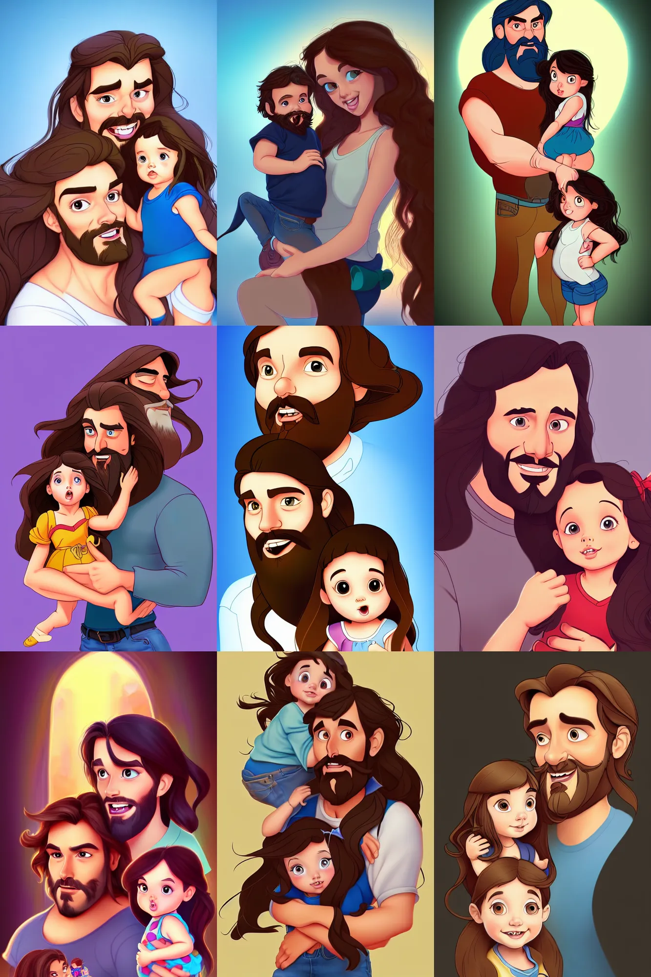 Image similar to a long - haired bearded father and his brunette child toddler girl full color digital illustration in the style of don bluth, artgerm, artstation trending, 4 k