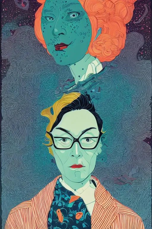 Prompt: portrait of mad lady scientist, stylized illustration by victo ngai, colorful comics style,