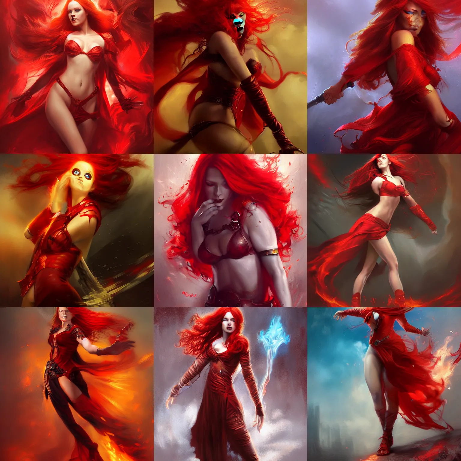 Prompt: a beautiful painting of a floating redhead fire sorceress with a red outfit by Raymond Swanland