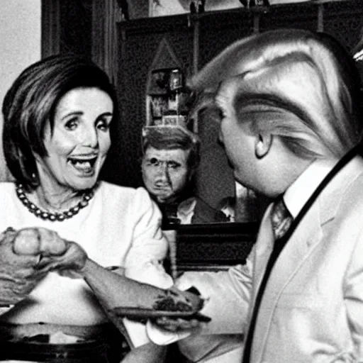 Image similar to Nancy pelosi feeding man baby Donald trump chicken nuggets who is sitting in a high chair, mannerism