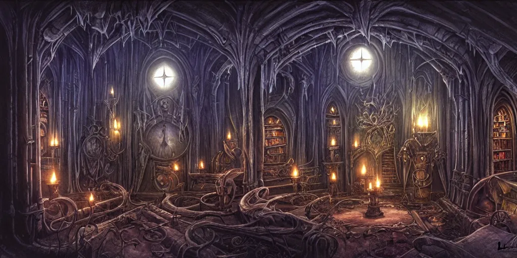 Prompt: dark sinister vampire lair interior by Rodney Matthews, library, adventure game, inspired by Diablo concept art