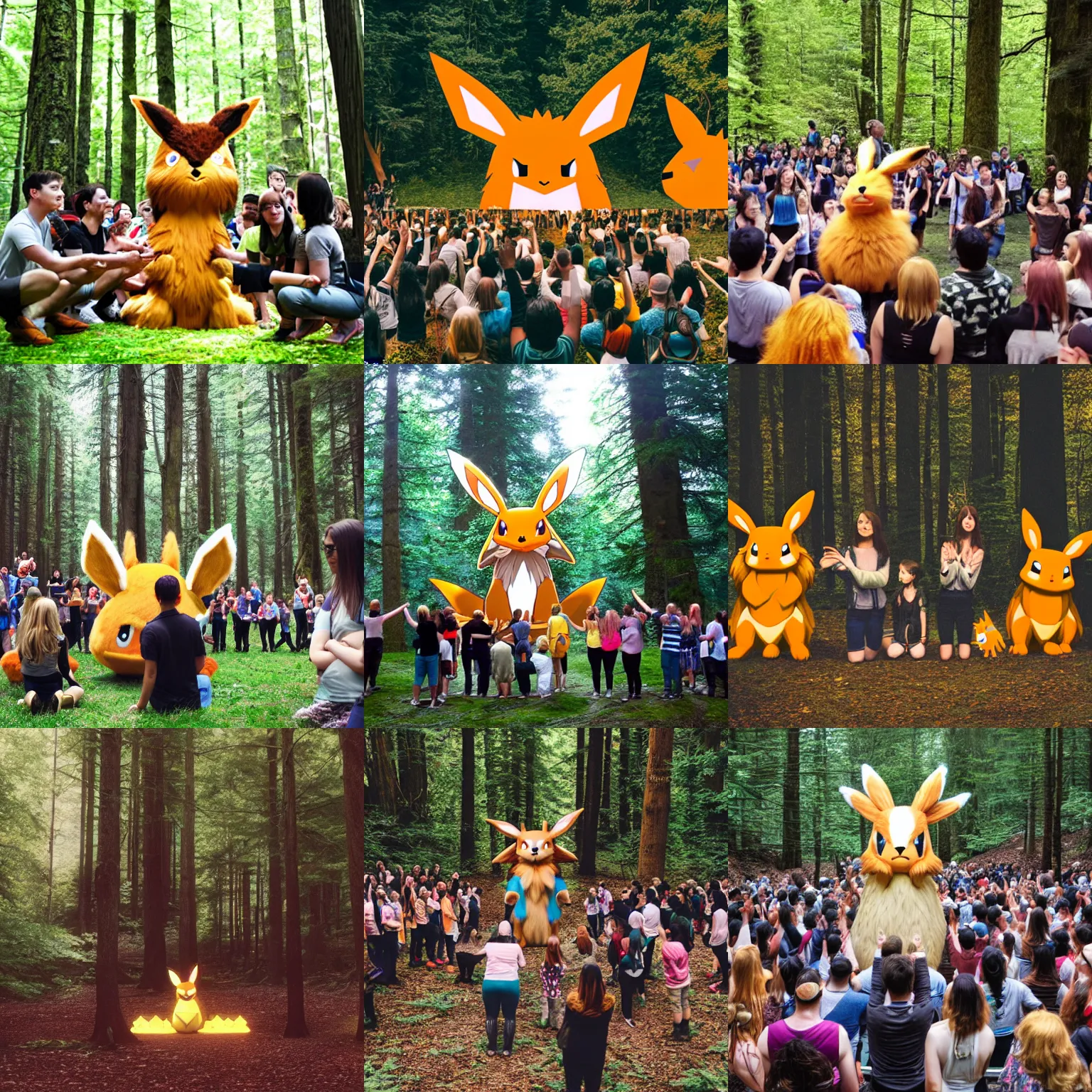 Prompt: photograph of a group of people worshipping a giant eevee in a forest