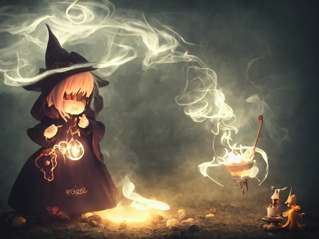 Prompt: cute fumo plush girl witch stirring a cauldron swirling with strange energy, casting a powerful spell, eldritch gothic horror, smoke and volumetric fog, witch girl, soothsayer, lens flare glow, chibi anime, vray