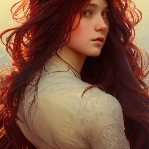 Image similar to girl with super long hair, hair becoming autumn red leaves, intricate, highly detailed, digital painting, artstation, concept art, smooth, sharp focus, illustration, unreal engine 5, 8 k, art by artgerm and greg rutkowski and alphonse mucha