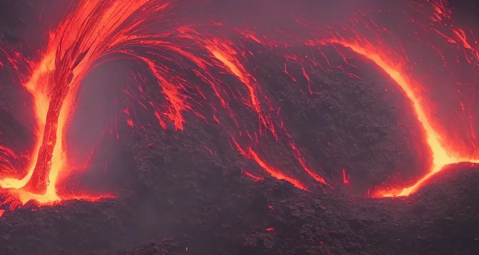 Image similar to a volcano made of ivory vines and crimson rocks enters in eruption, it spits a smoke in the shape of demonic eye, from Hearthstone