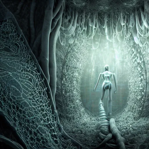Prompt: biocomputer human organ inside a bio - neural antique lace, in a biomechanical cave forest, futuristic environment, matte painting, diffused lighting, highly detailed cinematic, atmosphere, diffused lighting, highly detailed digital art, trending on artstation, depth of field, wide angle