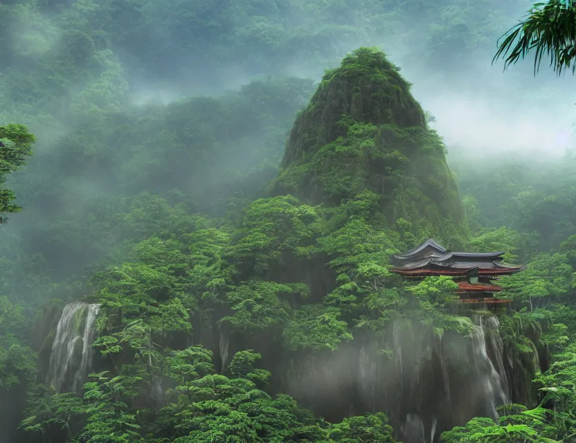 Prompt: a cinematic widescreen photo of epic ancient japanese temples with hot springs on the top of a mountain in a misty bamboo cloud forest with colossal waterfalls at dawn by lee madgewick and studio ghibli and roger dean