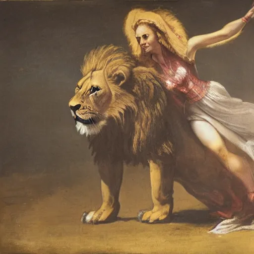 Prompt: woman lifting up a lion