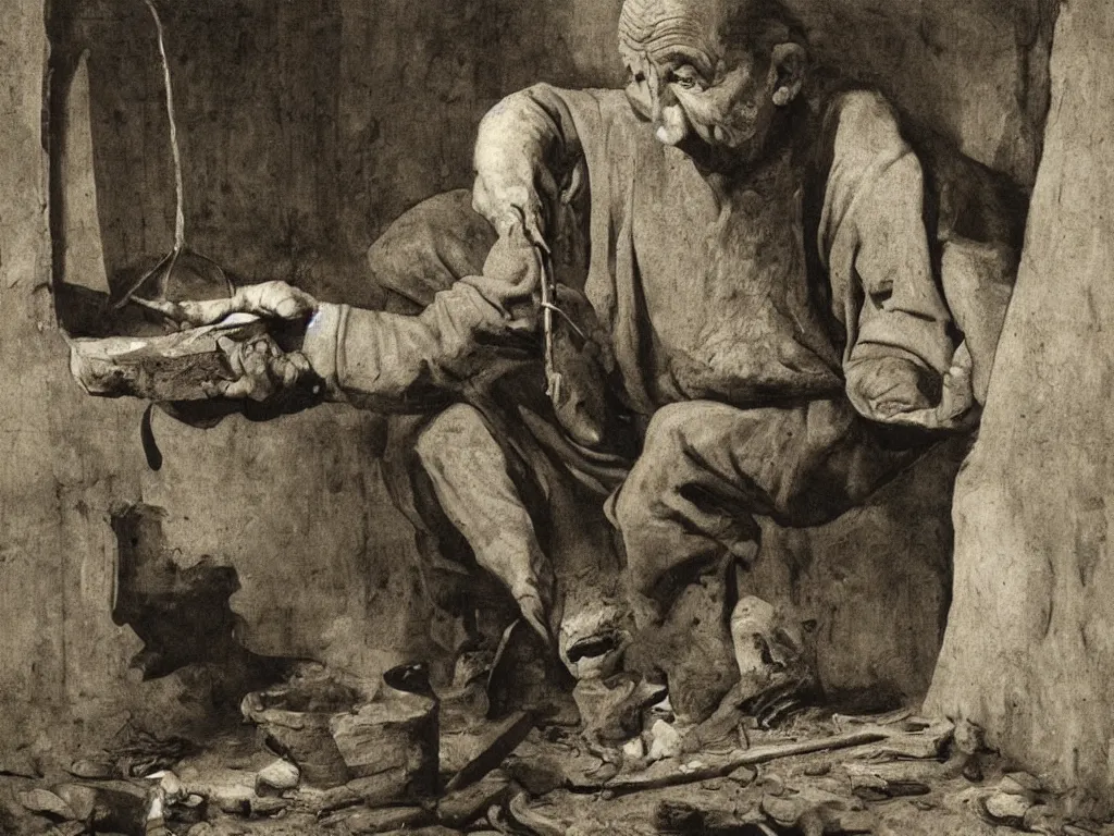 Prompt: Old man heating his hands at a fire. Painting by Georges de la Tour, Roger Ballen