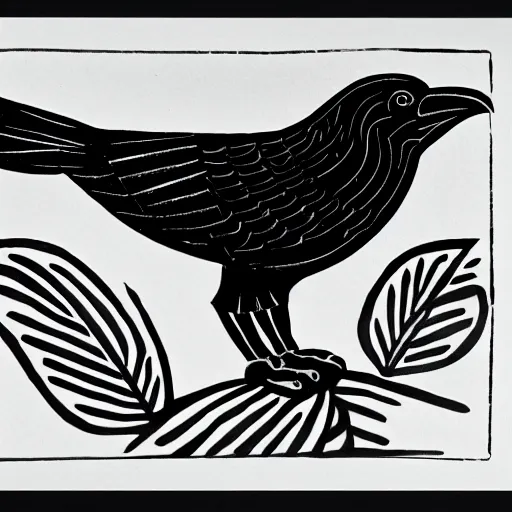 Image similar to crow, bold stylized block print, 4k, black ink on white paper