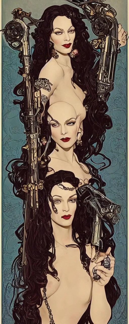 Image similar to a beautiful sensual ironpunk art nouveau style portrait of morticia adams as a rebel soldier by chris achilleos, moebius, olivia de bernardinis and alphonse mucha, photorealism, extremely hyperdetailed, perfect symmetrical facial features, perfect anatomy, ornate declotage, weapon, high technical detail, confident expression, wry smile