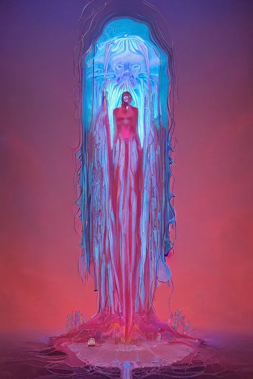 Prompt: woman in azure bioluminescent jellyfish dress standing in doorway of an art deco palace to hell which is sliced by a iridescent glass cracks shattering the sky, crimson clouds, beksinski style , 6 billion demons style, 8k, artstation trending, high detail, vollumetric lighting