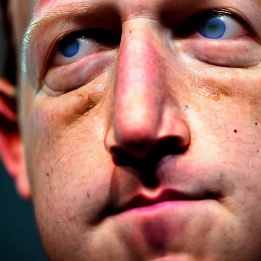 Prompt: extremely zoomed-in photo of Mark Zuckerberg's sad face being sad