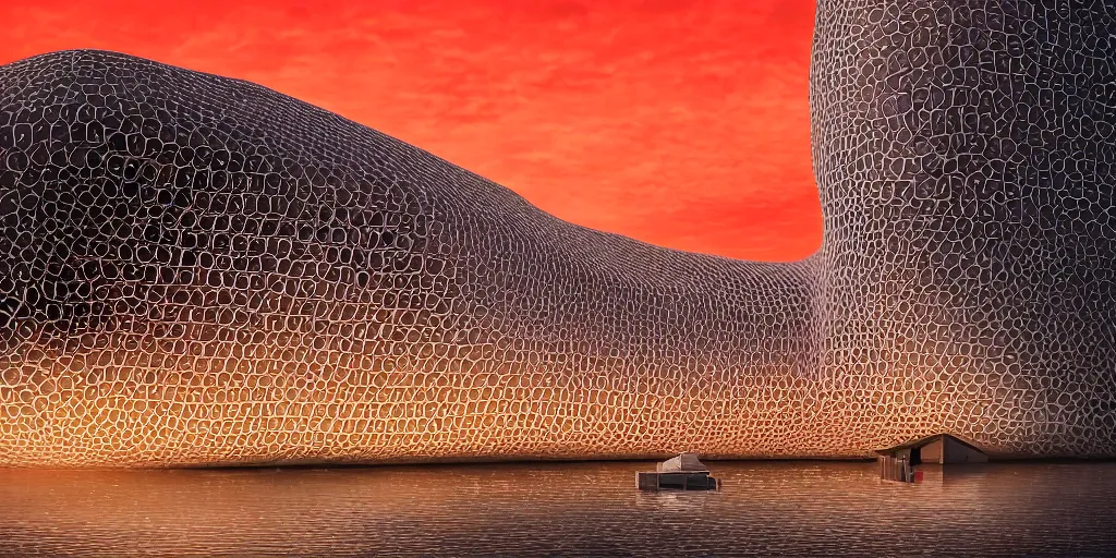 Image similar to An epic architectural rendering of a blob shaped trypophobia house with a mysterious red glow emitting from inside in a modern cityscape next to a river, hamburg elbphilharmonie, stunning, gorgeous, golden ratio, photorealistic, featured on artstation, 4k resolution