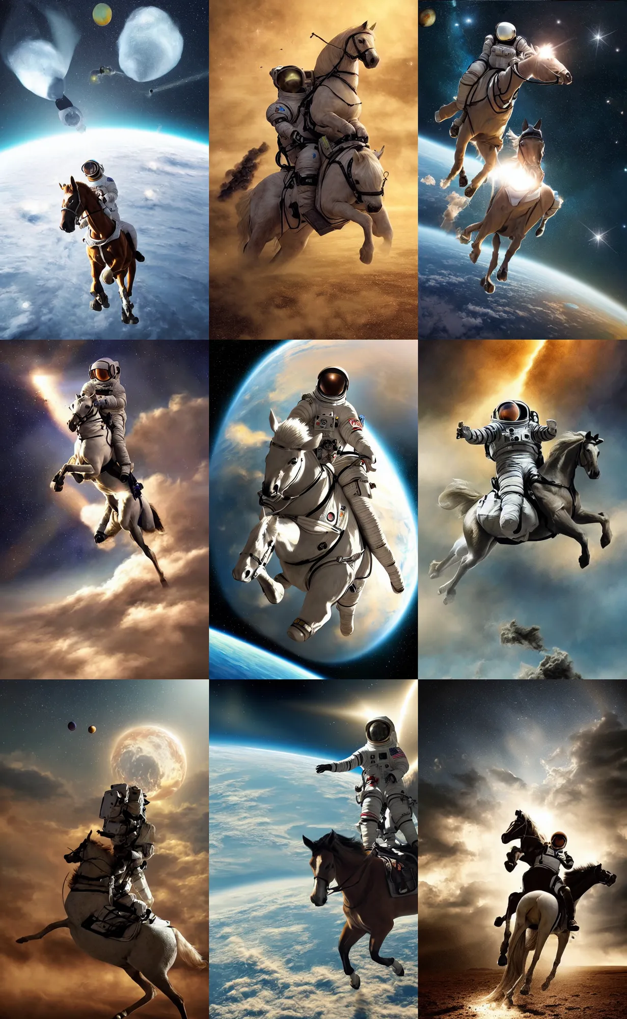 Prompt: photorealistic art of an astronaut riding a horse, dynamic lighting, space atmosphere, hyperrealism, stunning visuals