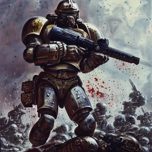 Image similar to heavy armor soldier wearing space marine like armor but in real life, walking in a river of blood full of human bloody dead bodies and human parts, shooting with his gun, explosions in background, painting style