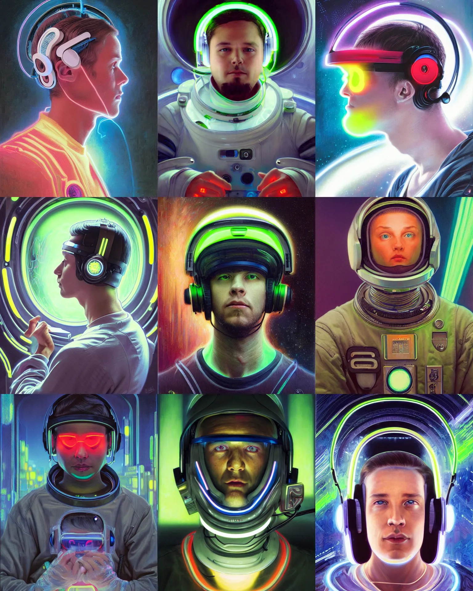 Prompt: future coder looking on, glowing visor over eyes and sleek neon headphones, neon accents, desaturated headshot portrait painting by donato giancola, dean cornwall, rhads, edmund dulac, alex grey, alphonse mucha, astronaut cyberpunk electric fashion photography white stubble 8 5 mm