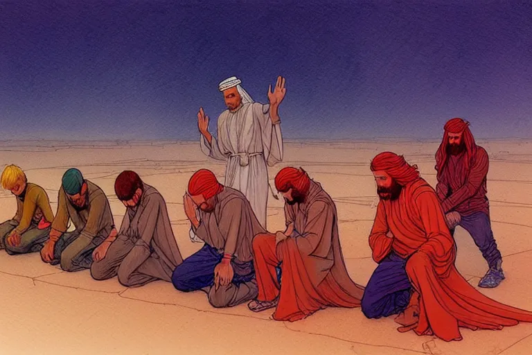 Image similar to a hyperrealist watercolour character concept art portrait of a group of middle eastern men kneeling down in prayer in front of a giant red haired android on a misty night in the desert. by rebecca guay, michael kaluta, charles vess and jean moebius giraud