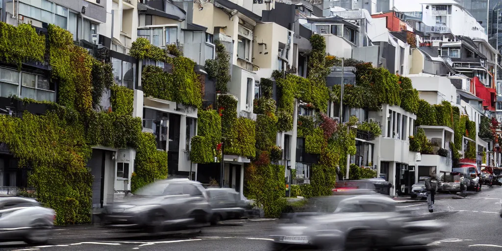 Prompt: a street in wellington new zealand where multiple buildings are covered in living walls made of endemic new zealand plant species. patrick blanc. people walking on street in raincoats. cars parked. windy rainy day. colonial houses