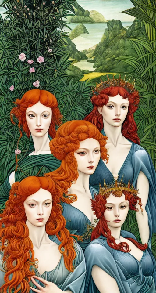 Image similar to three amazon queens, in a mixed style of Botticelli and Æon Flux, inspired by pre-raphaelite paintings and shoujo manga, surrounded by a misty jungle landscape, hyper detailed, stunning inking lines, flat colors, 4K photorealistic