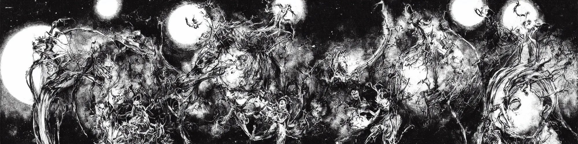 Image similar to dawn of creation ; first atom ; beings of light and darkness ; ethereal plane. extremely dark image. illustrated by maurice sendak and stephen gammell and junji ito and dr seuss and tsutomu nihei