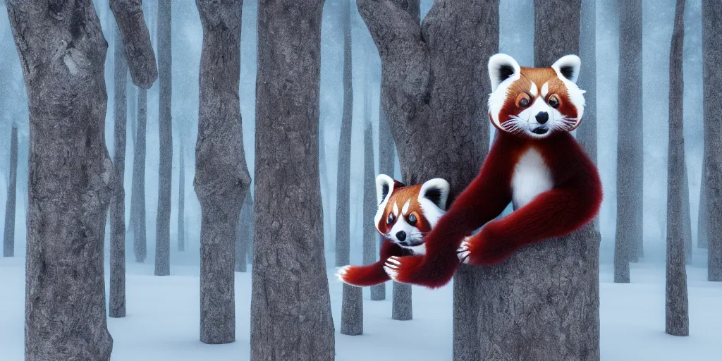 Image similar to fantasy red panda love, raised hands side by side in the winter trees, he holds her while she sleeps, hyperrealism, 8 k octane render