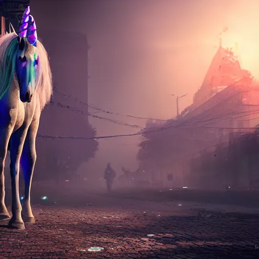 Image similar to a iridescent unicorn is injured, footsteps of blood follows behind it, toxic glowing smog in the sky, ultra realistic, concept art, intricate details, highly detailed, photorealistic, octane render, 8 k, style of mary jackson