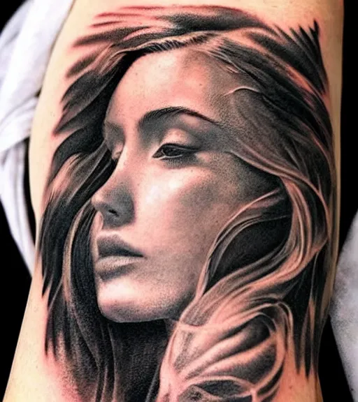 Image similar to tattoo design sketch of a beautiful woman face with a faded background of beautiful mountains and nature on her side, hyper - realistic, in the style of den yakovlev, amazing detail, black and white