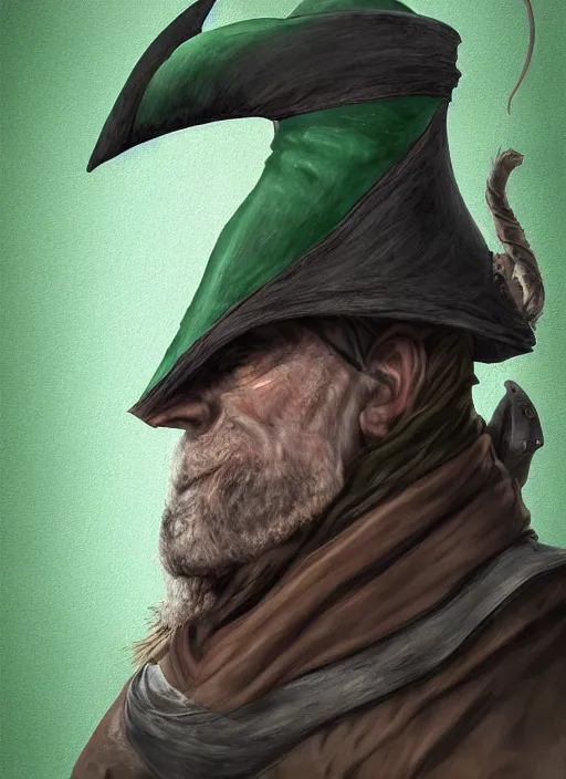 Prompt: ratfolk with a gray beard, tricorne hat, green cape, digital art, fantasy, d & d, warhammer, realistic, detailed