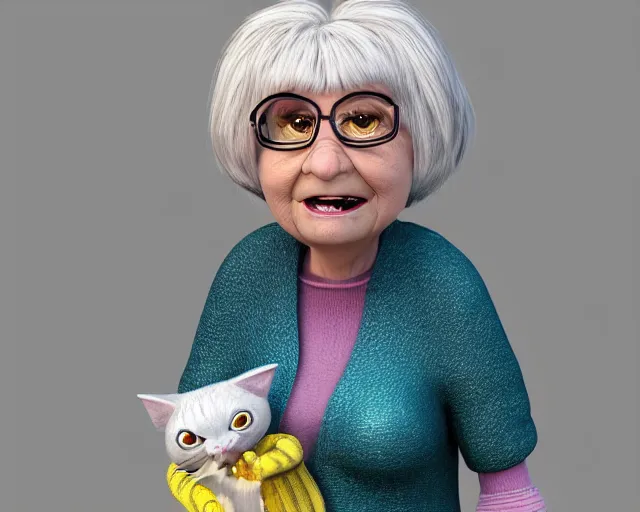 Prompt: detailed cartoon portrait of an old lady and her plant cat, pixar, sharp high quality 3d render