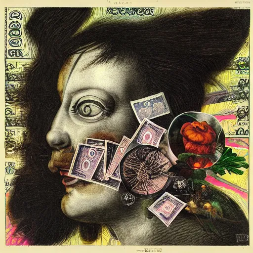 Image similar to post - punk new age album cover, asymmetrical design, dollar bank notes, capitalism, magic, apocalypse, psychedelic, black white pink, magic, giger h. r., giuseppe arcimboldo